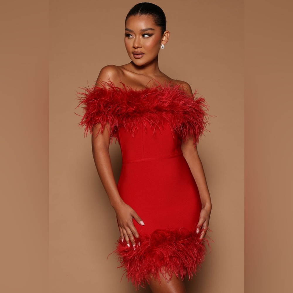 Acelia Bandage Mini Dress - Red Feather Trim